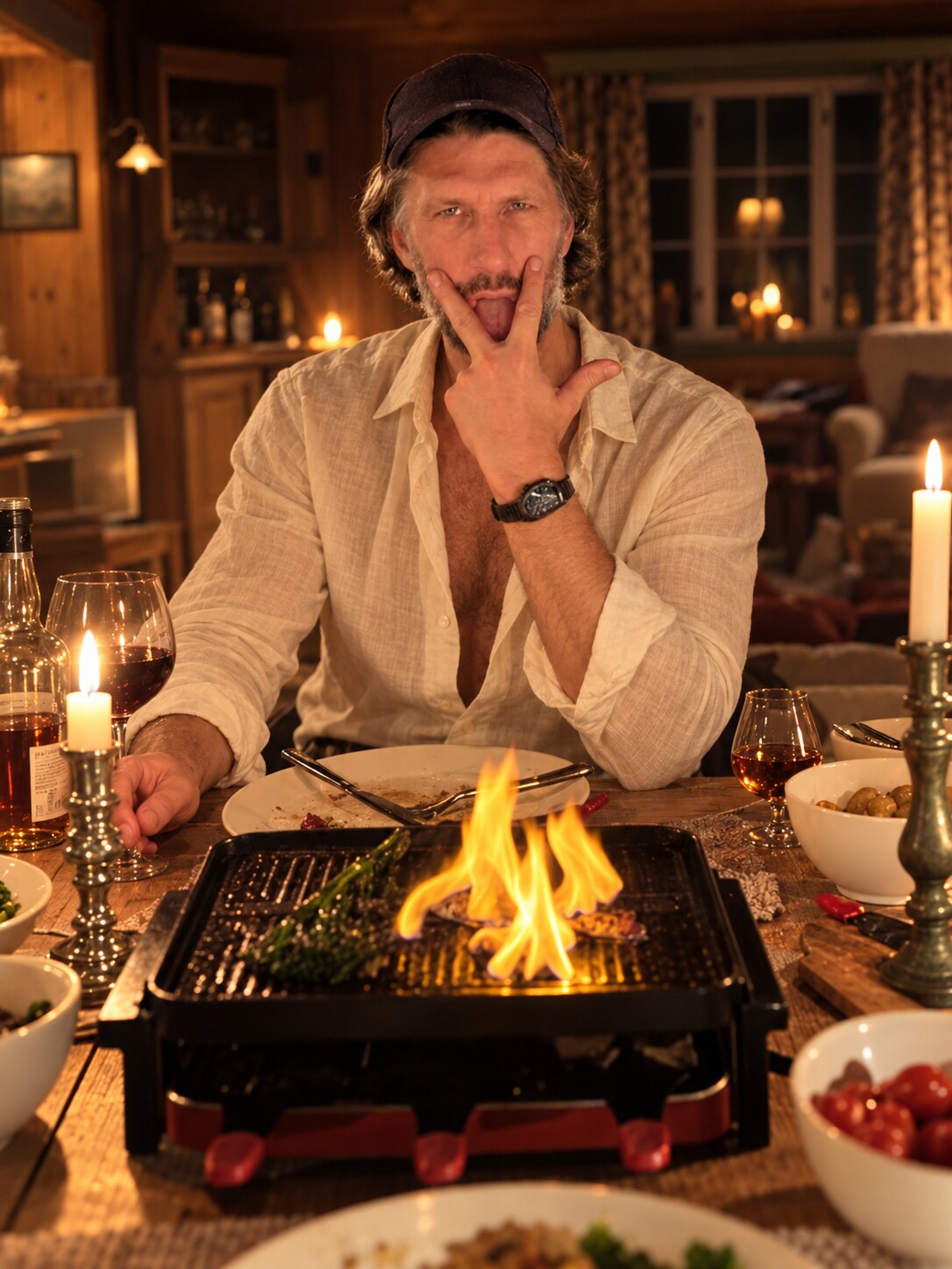 Christoun ved middagsbordet med levende lys og flammer fra bordgrillen